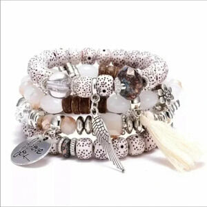 Light Pink Silver Wing Tassel “I love you” Beaded Bracelets NWT